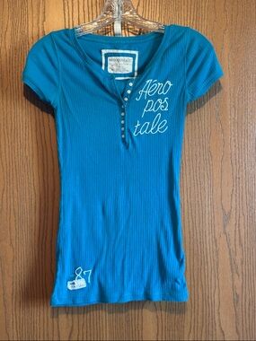 Aeropostale Teal Short Sleeve Ribbed Henley Tee